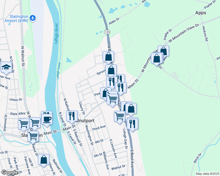 map of restaurants, bars, coffee shops, grocery stores, and more near 105 Green Street in Walnutport