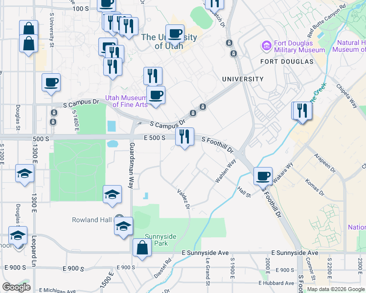 map of restaurants, bars, coffee shops, grocery stores, and more near 500 Foothill Drive in Salt Lake City