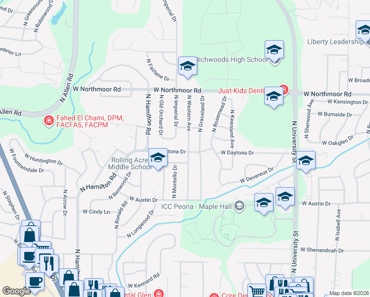 map of restaurants, bars, coffee shops, grocery stores, and more near 1903 West Daytona Drive in Peoria