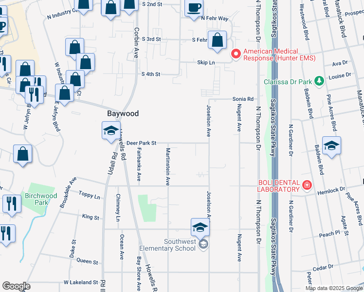 map of restaurants, bars, coffee shops, grocery stores, and more near 54 Deer Park Street in Bay Shore