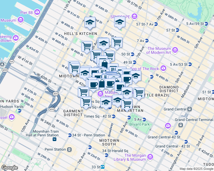 map of restaurants, bars, coffee shops, grocery stores, and more near 240 West 44th Street in New York