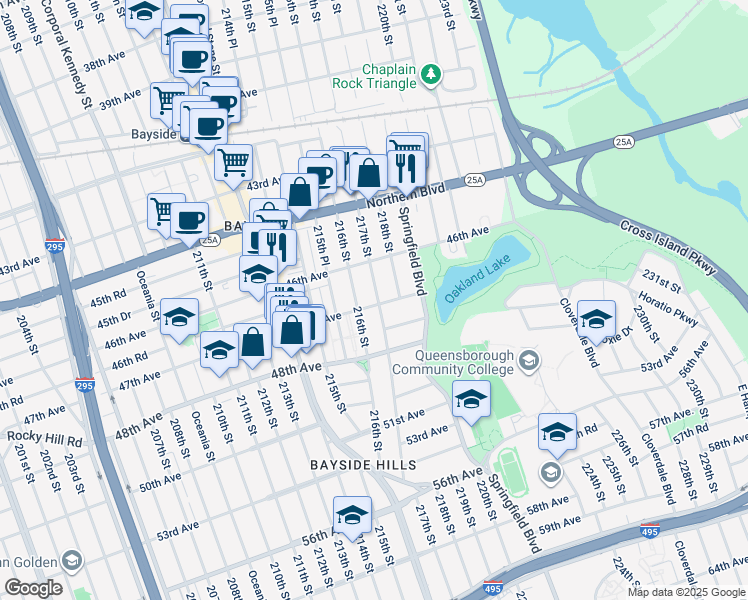 map of restaurants, bars, coffee shops, grocery stores, and more near 4644 217th Street in Queens