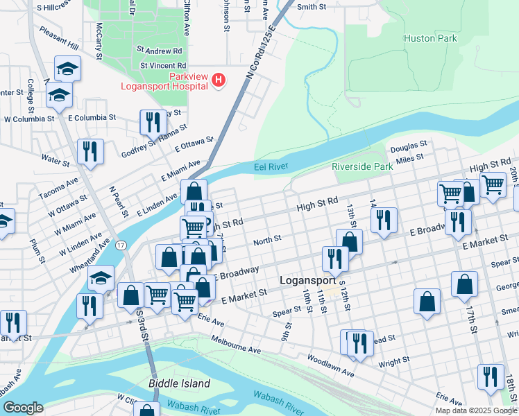map of restaurants, bars, coffee shops, grocery stores, and more near 87 9th Street in Logansport