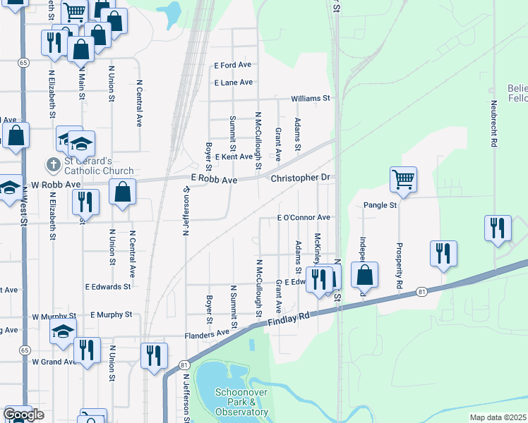 map of restaurants, bars, coffee shops, grocery stores, and more near 801 East O'Connor Avenue in Lima