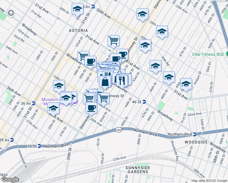 map of restaurants, bars, coffee shops, grocery stores, and more near 32-21 41st Street in Queens