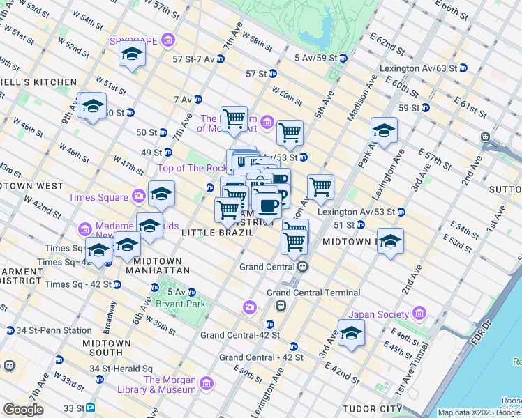 map of restaurants, bars, coffee shops, grocery stores, and more near 608 5th Avenue in New York