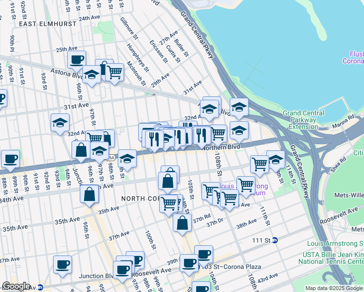 map of restaurants, bars, coffee shops, grocery stores, and more near in Queens