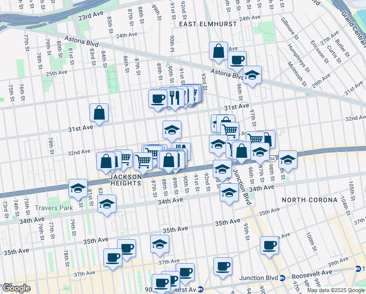map of restaurants, bars, coffee shops, grocery stores, and more near 32-23 90th Street in Queens