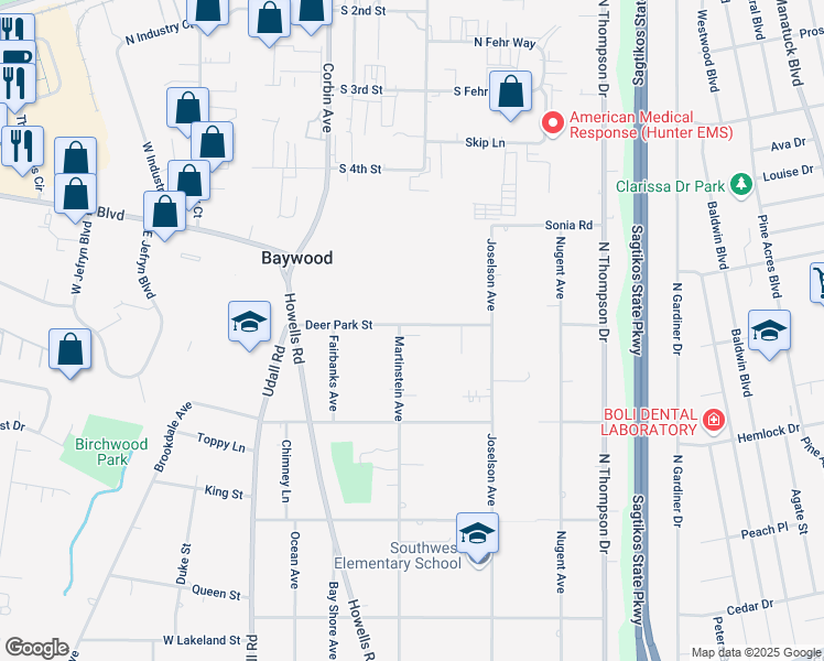 map of restaurants, bars, coffee shops, grocery stores, and more near 54 Deer Park Street in Bay Shore