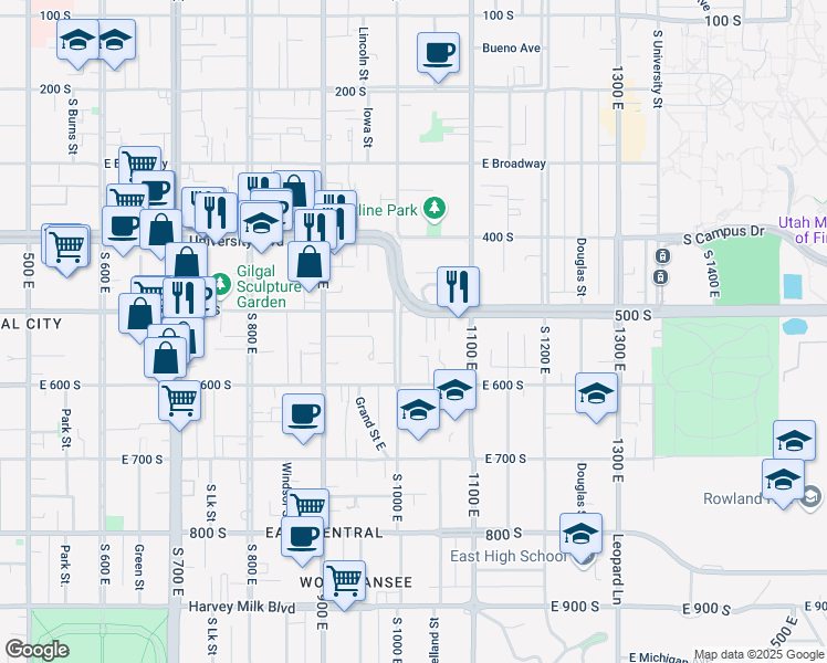 map of restaurants, bars, coffee shops, grocery stores, and more near 515 South 1000 East in Salt Lake City