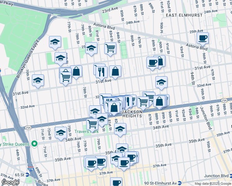 map of restaurants, bars, coffee shops, grocery stores, and more near 31-41 82nd Street in Queens