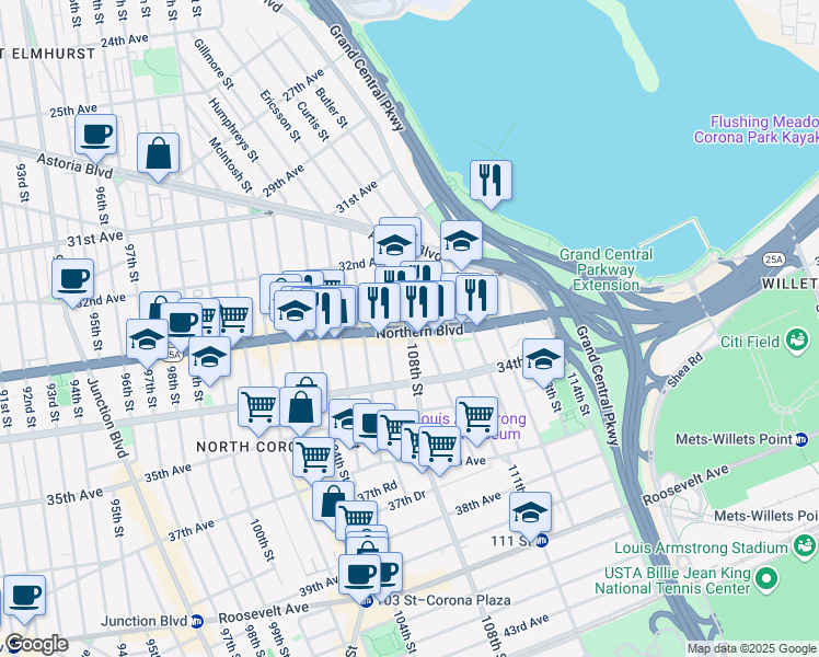 map of restaurants, bars, coffee shops, grocery stores, and more near Northern Blvd & 108th St in Queens