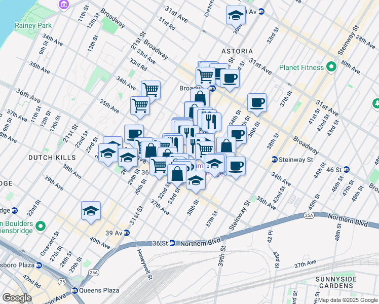 map of restaurants, bars, coffee shops, grocery stores, and more near 34-56 33rd Street in Queens