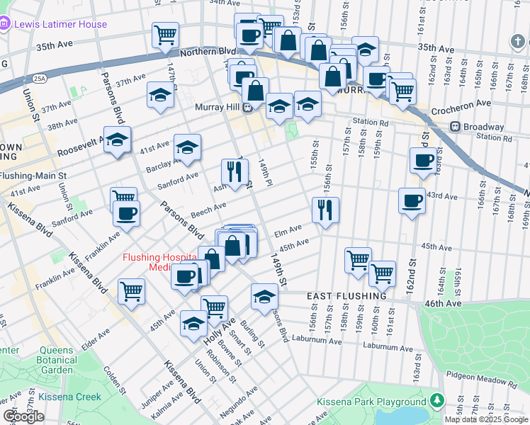 map of restaurants, bars, coffee shops, grocery stores, and more near 43-07 149th Street in Queens