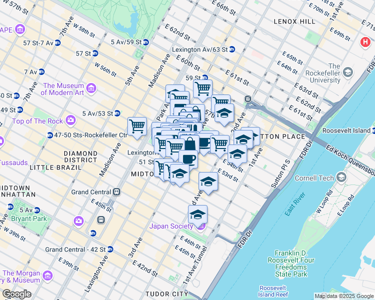 map of restaurants, bars, coffee shops, grocery stores, and more near 880 3rd Avenue in New York