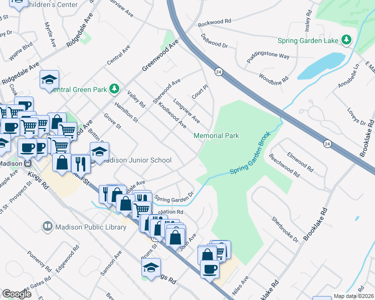 map of restaurants, bars, coffee shops, grocery stores, and more near 73 Valley Road in Madison