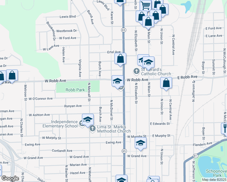 map of restaurants, bars, coffee shops, grocery stores, and more near 1135 North West Street in Lima