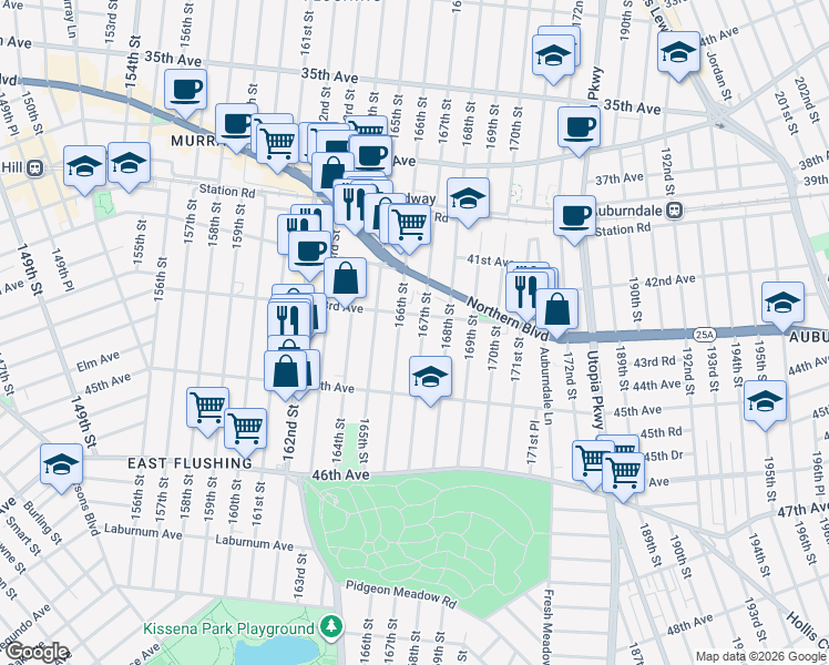 map of restaurants, bars, coffee shops, grocery stores, and more near 43-16 167th Street in Queens