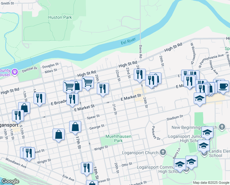 map of restaurants, bars, coffee shops, grocery stores, and more near 2111 East Broadway Street in Logansport