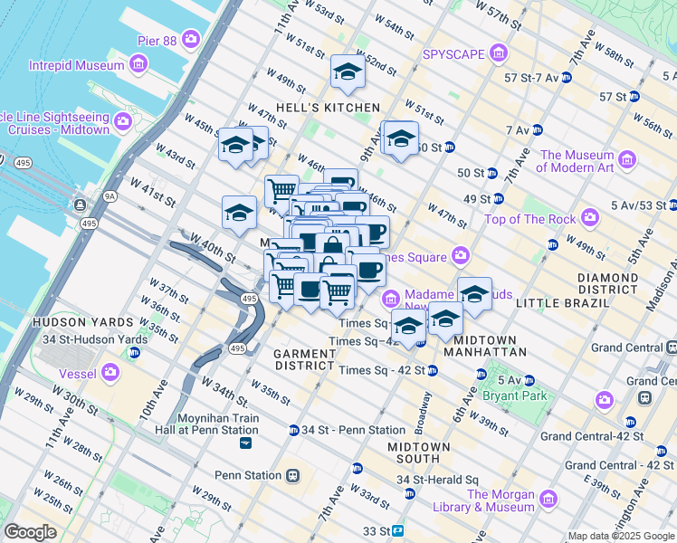 map of restaurants, bars, coffee shops, grocery stores, and more near West 42nd Street in New York