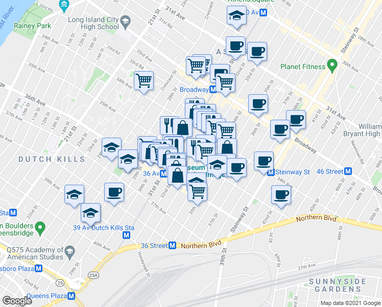 map of restaurants, bars, coffee shops, grocery stores, and more near 34-55 32nd Street in Queens
