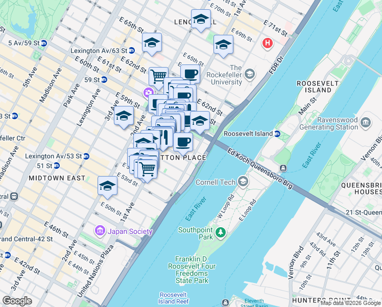 map of restaurants, bars, coffee shops, grocery stores, and more near 14 Sutton Place in New York