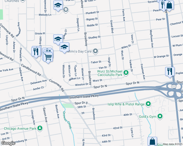 map of restaurants, bars, coffee shops, grocery stores, and more near 879 Broadway in Brentwood