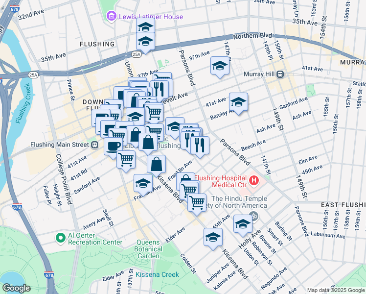 map of restaurants, bars, coffee shops, grocery stores, and more near 41-60 Bowne Street in Queens