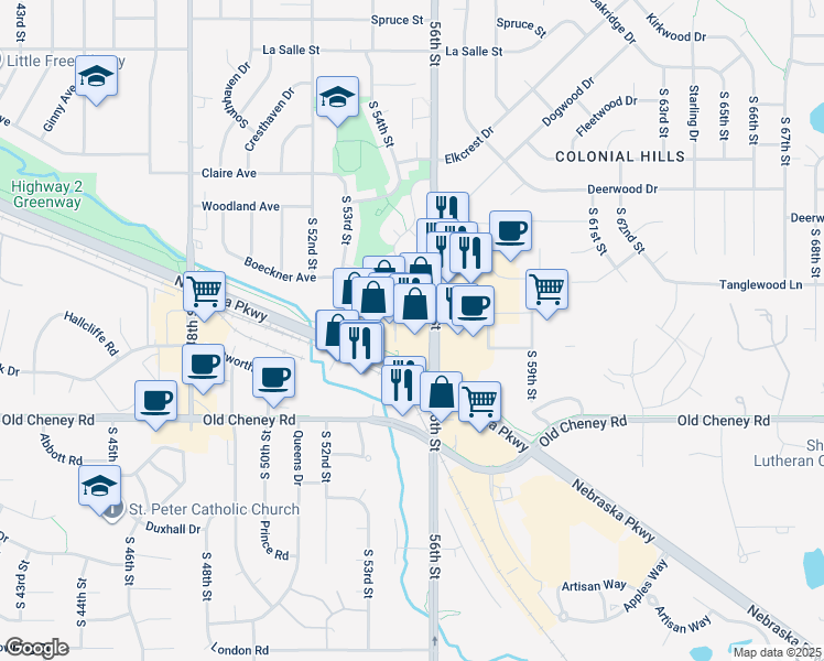 map of restaurants, bars, coffee shops, grocery stores, and more near 5601 South 56th Street in Lincoln
