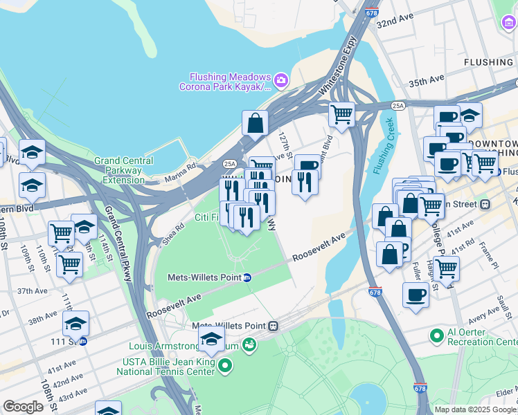 map of restaurants, bars, coffee shops, grocery stores, and more near 36-2 126th Street in Queens