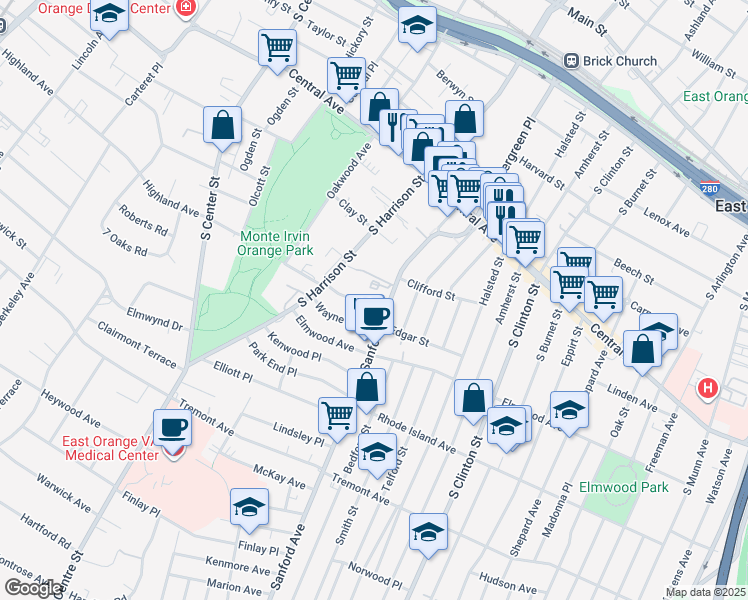 map of restaurants, bars, coffee shops, grocery stores, and more near 6 Melrose Avenue in East Orange