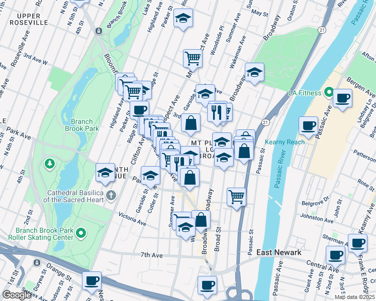 map of restaurants, bars, coffee shops, grocery stores, and more near 191 Summer Avenue in Newark