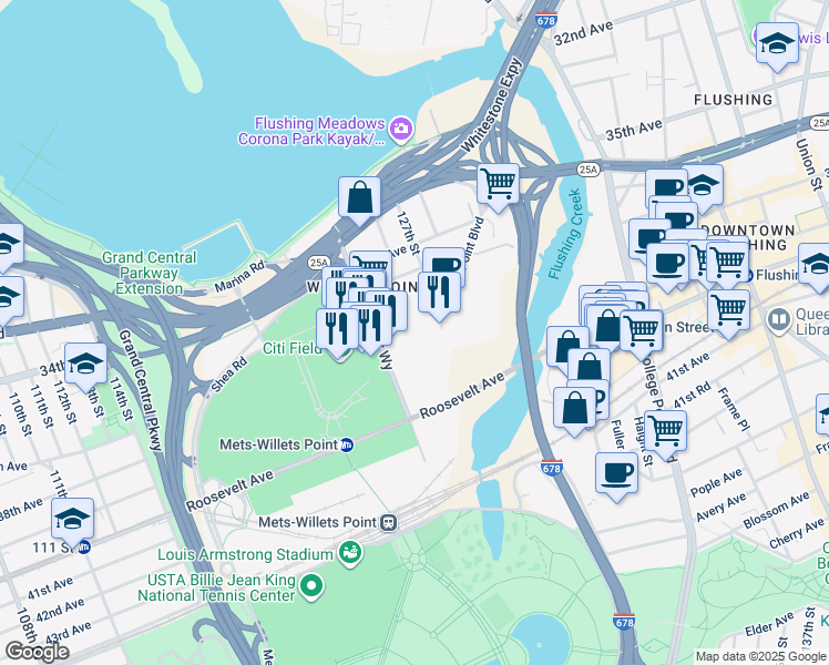 map of restaurants, bars, coffee shops, grocery stores, and more near 126-28 37th Avenue in Queens