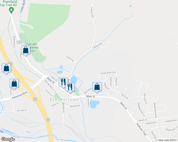 map of restaurants, bars, coffee shops, grocery stores, and more near 202 Old Easton Road in Stockertown