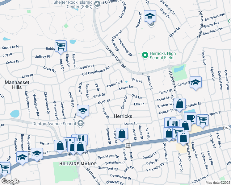 map of restaurants, bars, coffee shops, grocery stores, and more near 1022 Maple Lane in New Hyde Park
