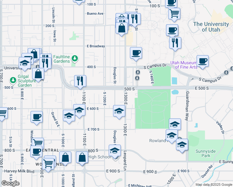 map of restaurants, bars, coffee shops, grocery stores, and more near 1254 East 500 South in Salt Lake City