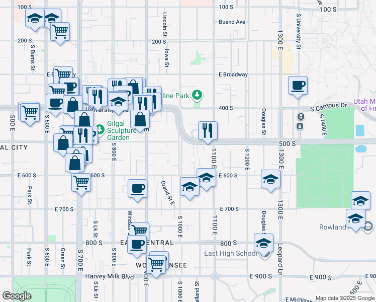 map of restaurants, bars, coffee shops, grocery stores, and more near 976 East 500 South in Salt Lake City