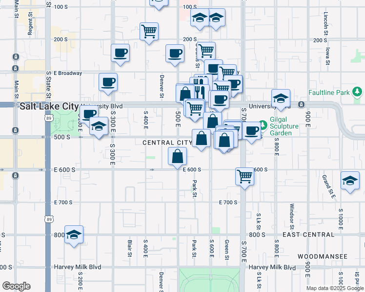 map of restaurants, bars, coffee shops, grocery stores, and more near 515 500 East in Salt Lake City