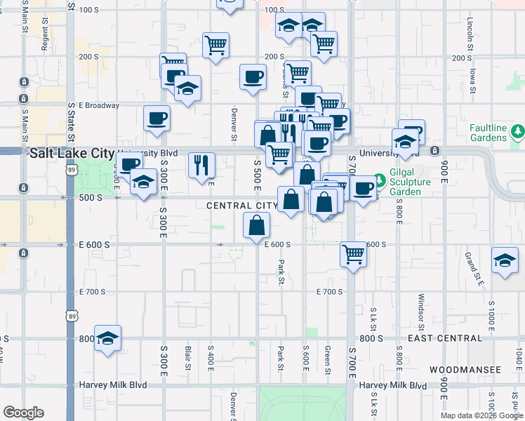 map of restaurants, bars, coffee shops, grocery stores, and more near 515 500 East in Salt Lake City
