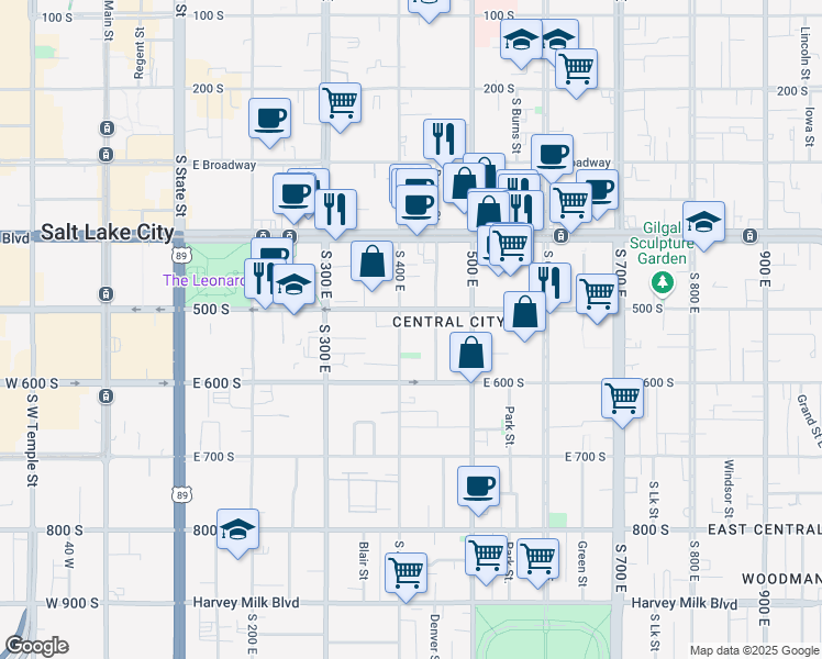 map of restaurants, bars, coffee shops, grocery stores, and more near 515 South 400 East in Salt Lake City