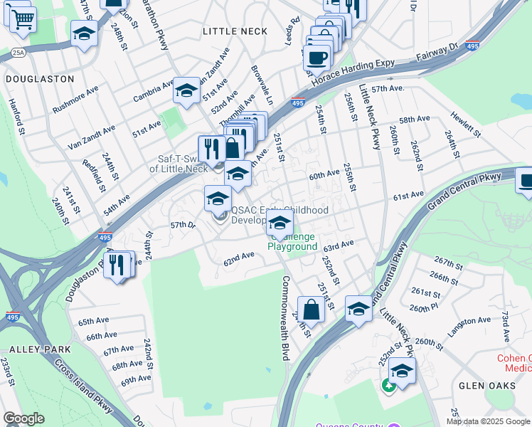 map of restaurants, bars, coffee shops, grocery stores, and more near 60-21 Marathon Parkway in Queens