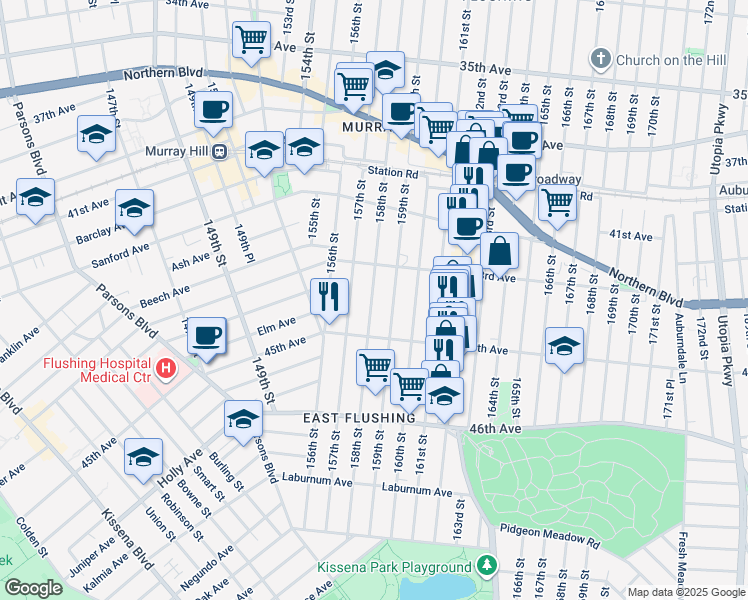 map of restaurants, bars, coffee shops, grocery stores, and more near 43-36 159th Street in Queens