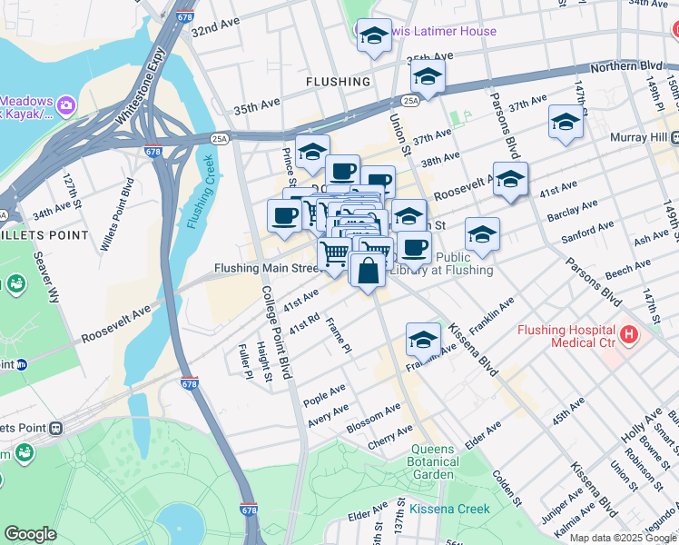 map of restaurants, bars, coffee shops, grocery stores, and more near 133-45 41st Avenue in Queens