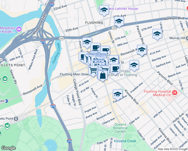 map of restaurants, bars, coffee shops, grocery stores, and more near 135-24 40th Road in Queens