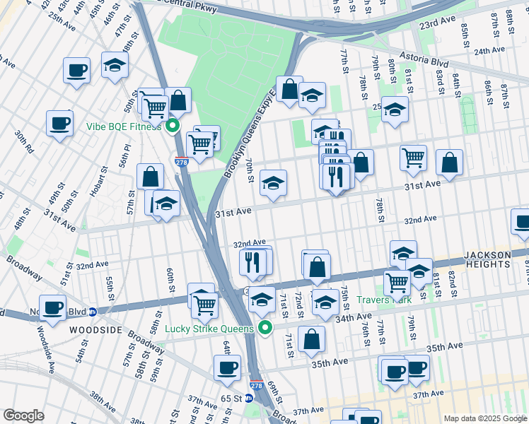 map of restaurants, bars, coffee shops, grocery stores, and more near 71-06 31st Avenue in Queens