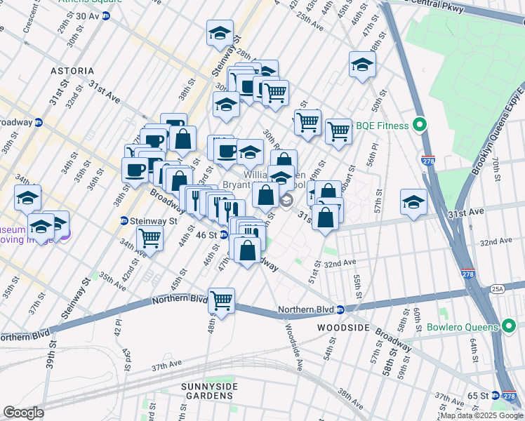 map of restaurants, bars, coffee shops, grocery stores, and more near 31-32 47th Street in Queens