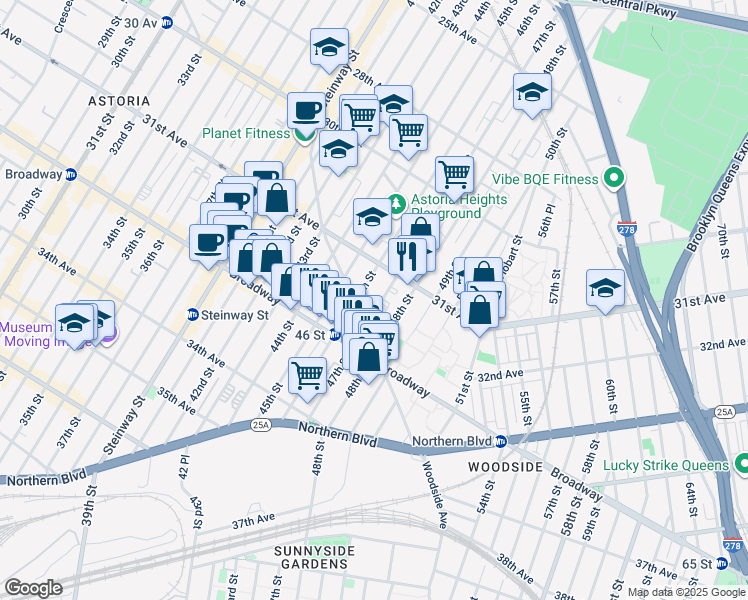 map of restaurants, bars, coffee shops, grocery stores, and more near 31-32 47th Street in Queens
