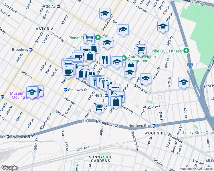 map of restaurants, bars, coffee shops, grocery stores, and more near 31-53 45th Street in Queens