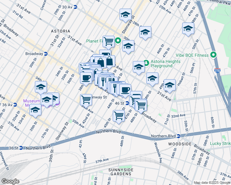 map of restaurants, bars, coffee shops, grocery stores, and more near in Queens