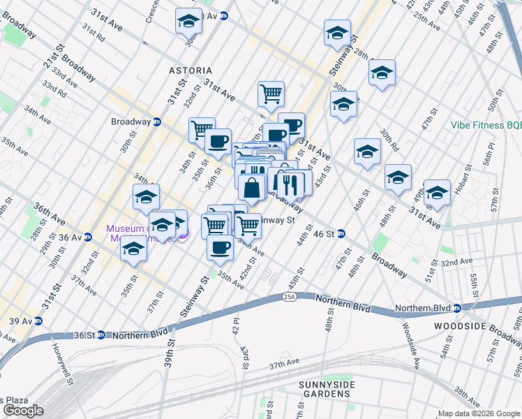 map of restaurants, bars, coffee shops, grocery stores, and more near 32-21 41st Street in Queens